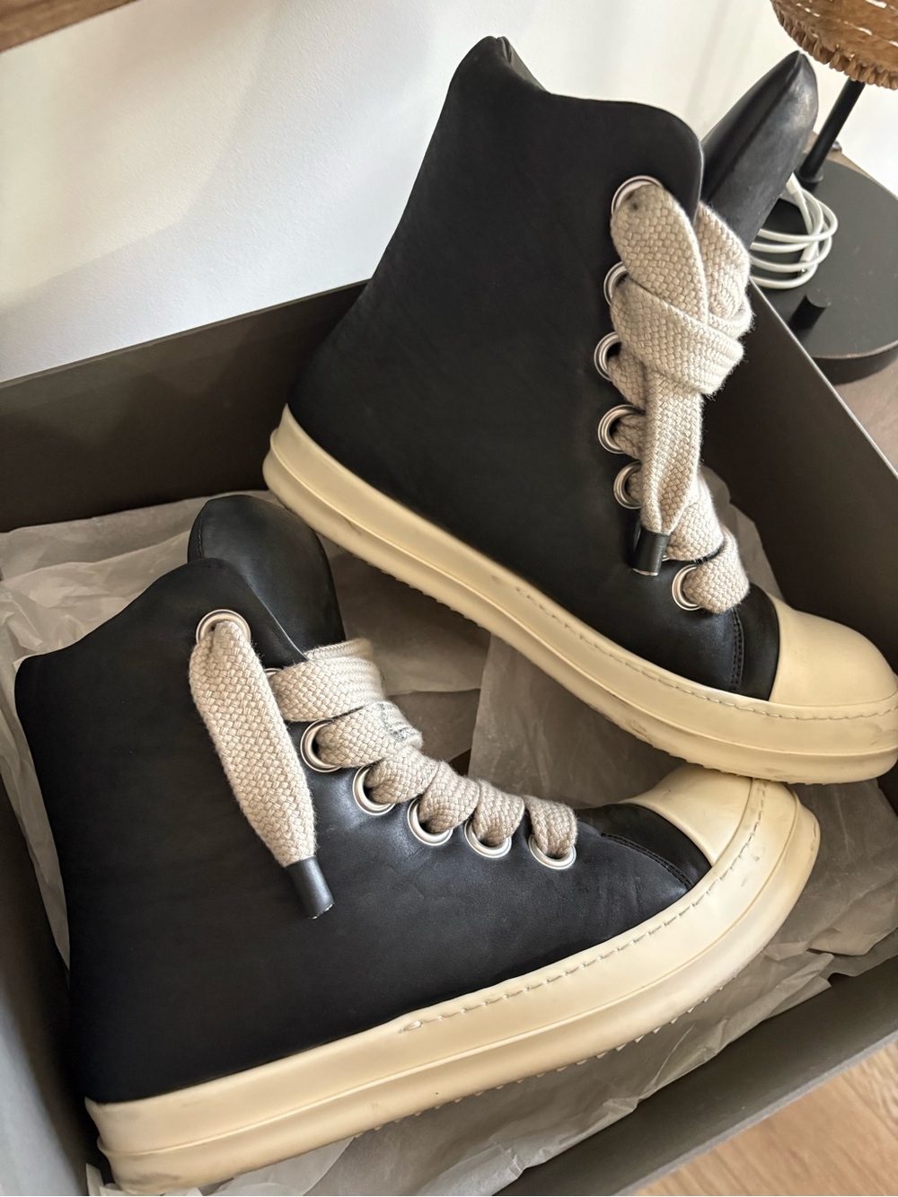 Men’s Rick Owens Porterville Jumbolaced Padded Hi sneakers in Black/Milk
